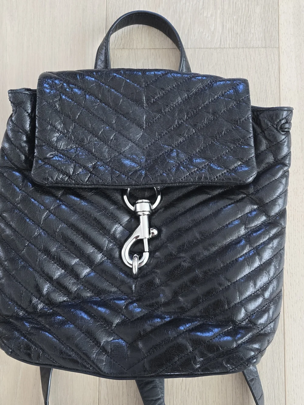 Rebeccca Minkoff Black Quilted Real Leather Backpack Bag Purse Chevron